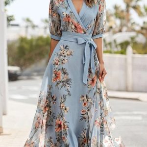 Elegant V Neck Puff Sleeve Dress, Dresses, color:Blue|size:XXL, JustFashionNow