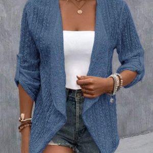 Plain Casual Jacquard Others Kimono, Cardigans, color:Blue|size:XXL, JustFashionNow