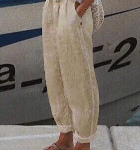 Women's Loose Casual Baggy Linen & Cotton Pant, Pants, color:KHAKI|size:XS, JustFashionNow