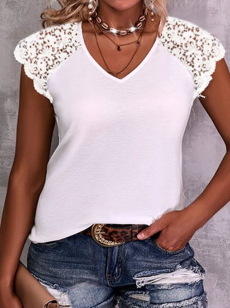 JFN V Neck Solid Lace Basic Blouse, Shirts & Blouses, color:White|size:XXL, JustFashionNow