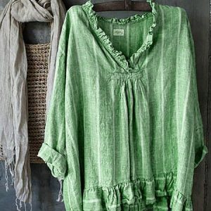 Ruched Striped Linen Solid Casual Blouses, Shirts & Blouses, color:Green|size:XXL, JustFashionNow