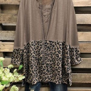 Color Block Leopard V-Neck Long Sleeves Casual Blouses, T-Shirts, color:Brown|size:3XL, JustFashionNow