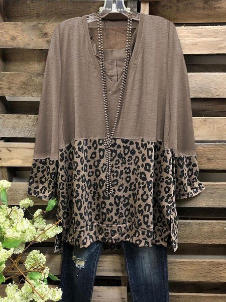 Color Block Leopard V-Neck Long Sleeves Casual Blouses, T-Shirts, color:Brown|size:3XL, JustFashionNow