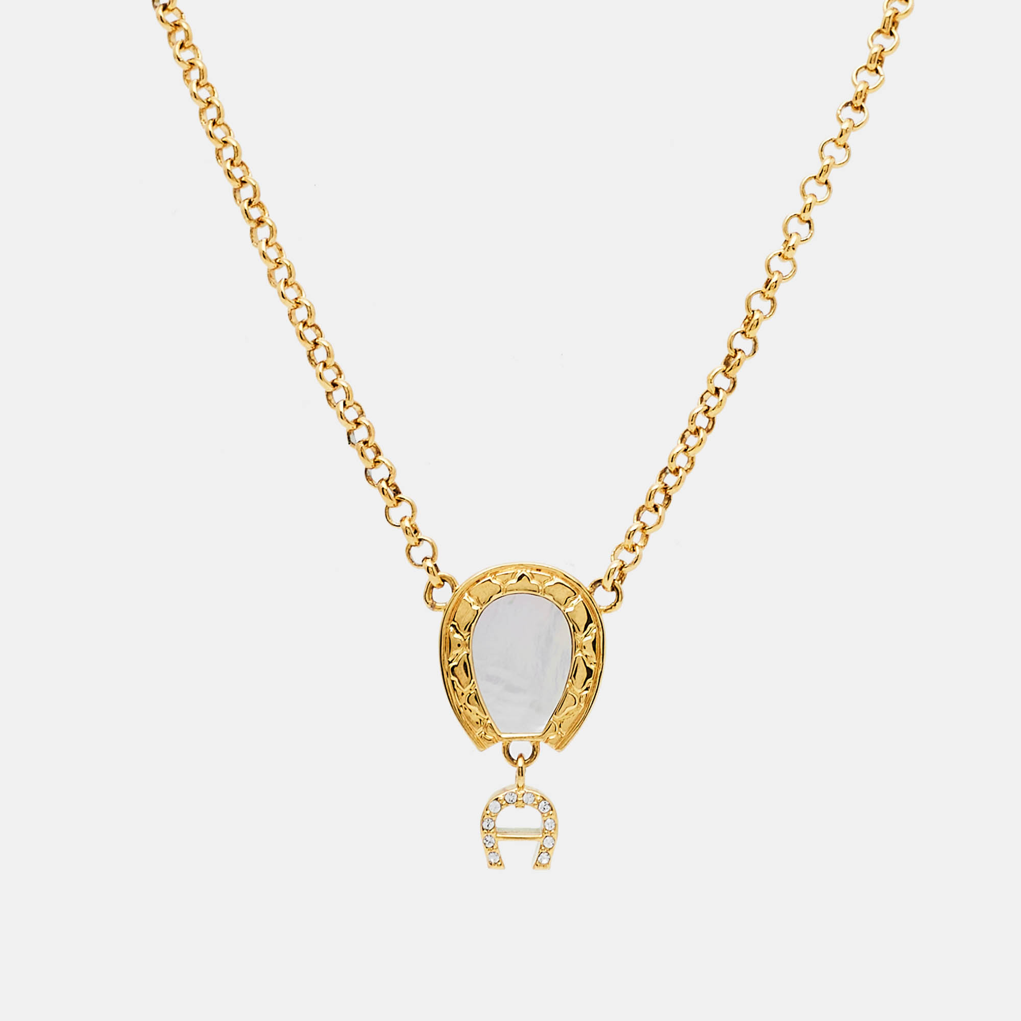 Aigner Gold Tone Mother of Pearl Crystal Logo Pendant Necklace, Jewelry - Luxury Closet catalog