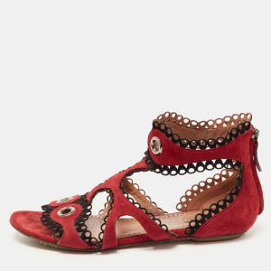 Alaia Burgundy Suede Scallop Trim Eyelet Embellished Ankle Cuff Flat Sandals Size 39, Sandals - Luxury Closet