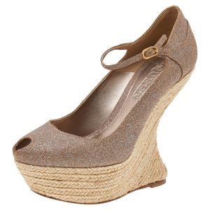 Alexander McQueen Brown Glitter Ankle Strap Wedge Sandals Size 37, Sandals - Luxury Closet