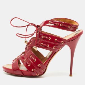 Alexander McQueen Red Patent Leather Lace Up Ankle Strap Sandals Size 39, Sandals - Luxury Closet
