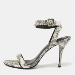 Alexander Wang White/Black Lizard Embossed Leather Ankle Strap Sandals Size 40.5, Sandals - Luxury Closet