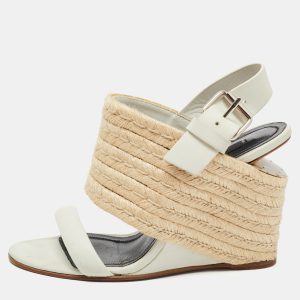 Alexander Wang Off White /Beige Leather and Jute Slingback Wedge Espadrille Sandals Size 38, Sandals - Luxury Closet