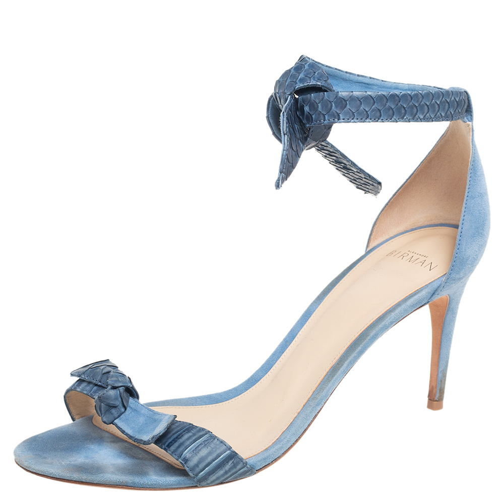 Alexandre Birman Blue Snakeskin Leather and Suede Clarita Ankle-Tie Sandals Size 40, Sandals - Luxury Closet