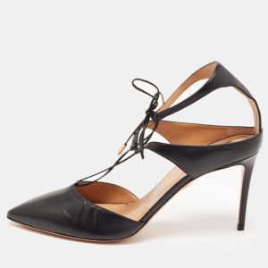 Aquazzura Black Leather Pointed Toe Ankle Strap Pumps Size 42, Pumps - Luxury Closet