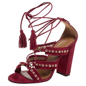 Aquazzura Burgundy Suede Leather Tulum Fringe Detail Studded Ankle Wrap Sandals Size 38, Sandals - Luxury Closet