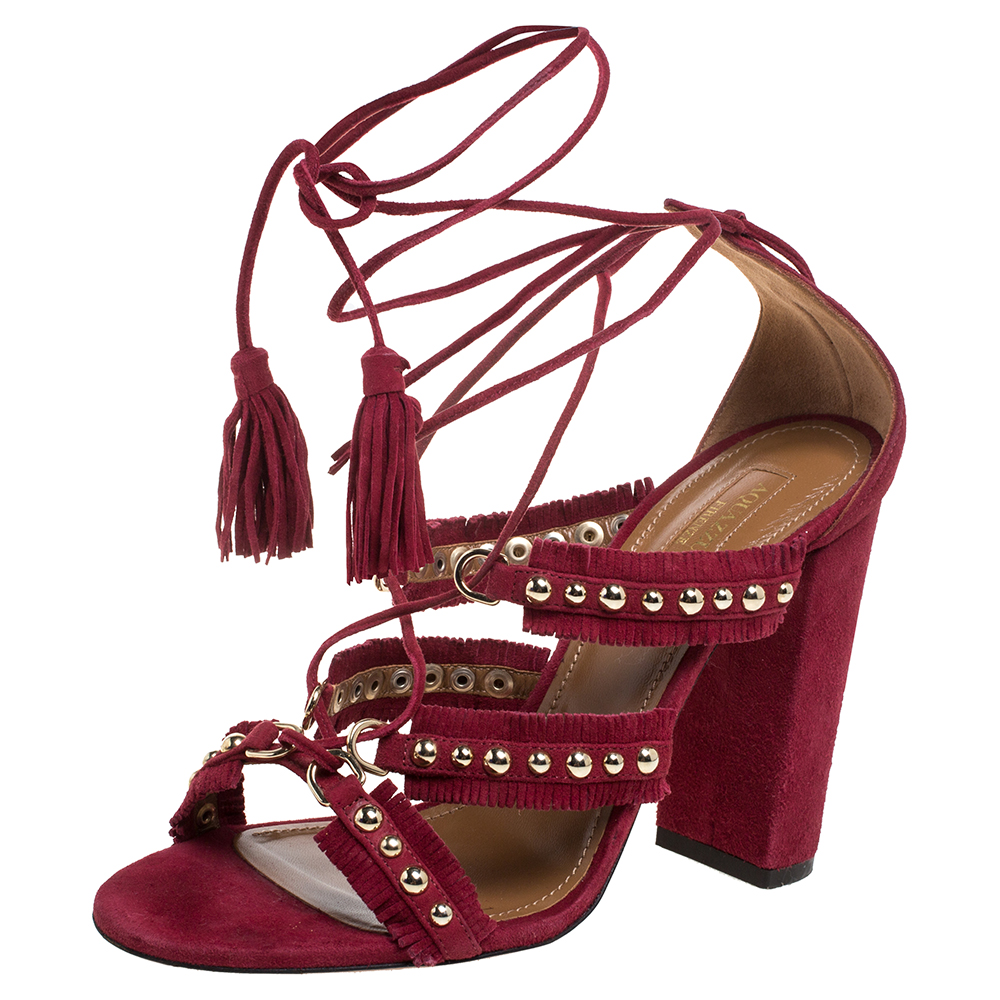 Aquazzura Burgundy Suede Leather Tulum Fringe Detail Studded Ankle Wrap Sandals Size 38, Sandals - Luxury Closet catalog