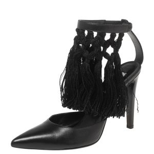Aquazzura Black  Leather  Fringe Ankle Strap Sandals Size 38.5, Sandals - Luxury Closet