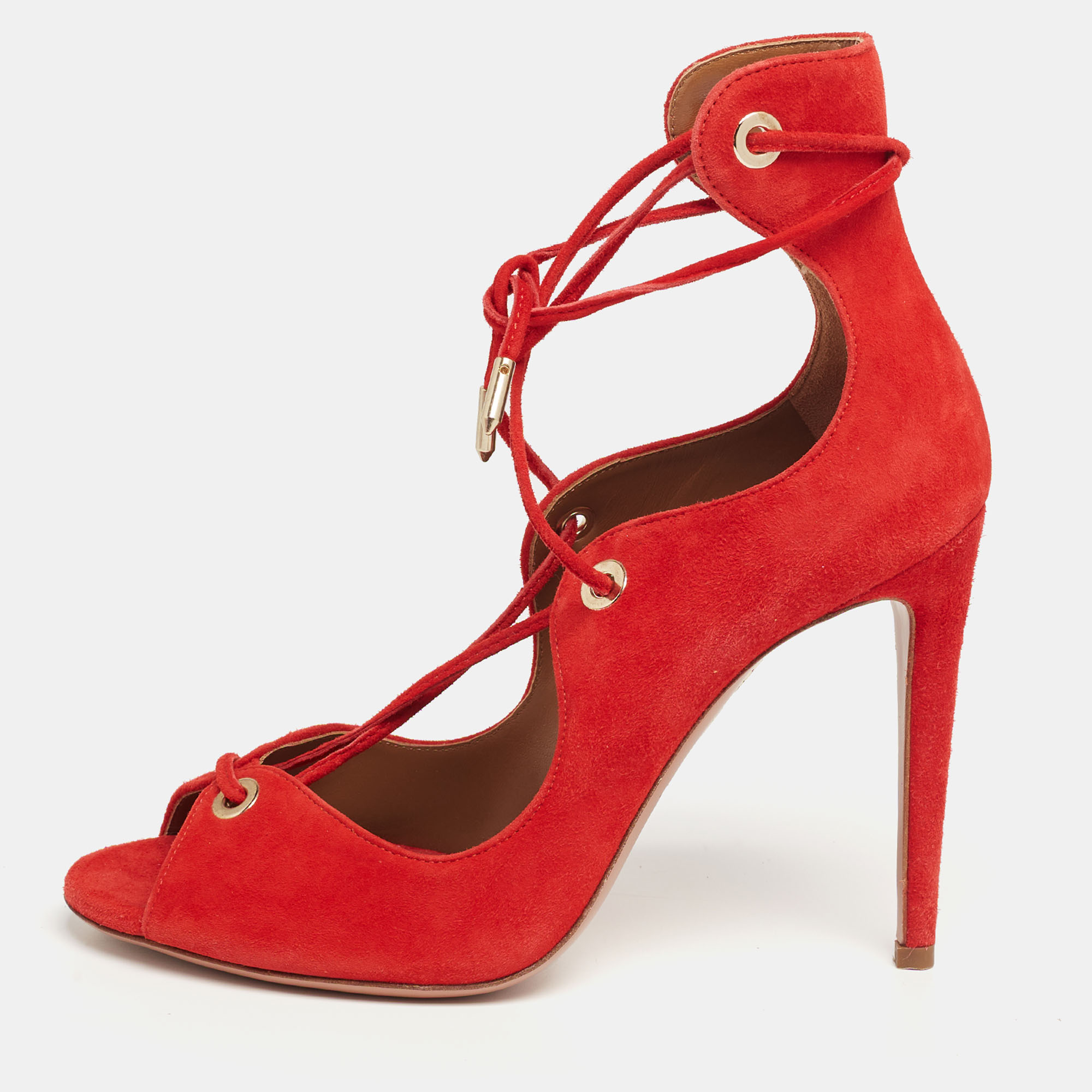 Aquazzura Red Suede Tango Curvy Lace-Up Sandals Size 37, Sandals - Luxury Closet