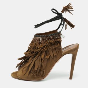 Aquazzura Olive Green  Suede Tassel Ankle Tie Sandals Size 39, Sandals - Luxury Closet