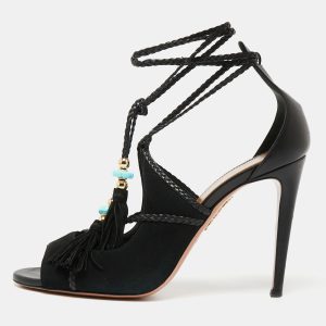 Aquazzura  Black Suede And Leather Open Toe Ankle Wrap  Sandals Size 41, Sandals - Luxury Closet