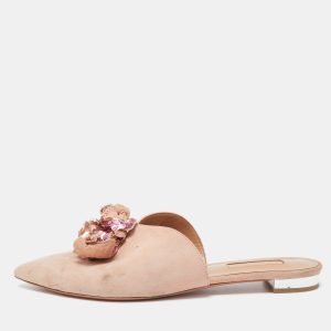 Aquazzura Blush Beige Suede Sequin Embellished Pointed Toe Mules Size 38, Sandals - Luxury Closet