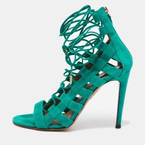 Aquazzura Green Suede Amazon Lace Up Sandals Size 38, Sandals - Luxury Closet