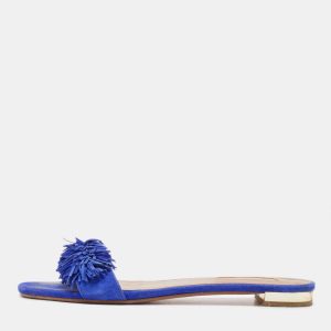 Aquazzura Blue Suede Wild Thing Fringe Trimmed Flat Slides Size 36.5, Sandals - Luxury Closet