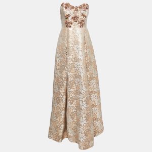 Badgley Mischka Gold Brocade Sequin Embellished Strapless Gown M, Dresses - Luxury Closet catalog