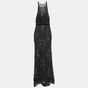 Badgley Mischka Black Embroidered Tulle Corset Detailed Halter Neck Gown M, Dresses - Luxury Closet catalog