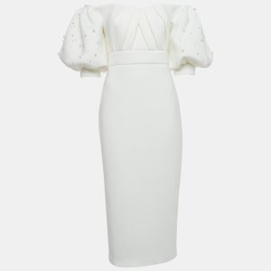 Badgley Mischka Ivory Jersey Off-Shoulder Embellished Midi Dress L, Dresses - Luxury Closet catalog
