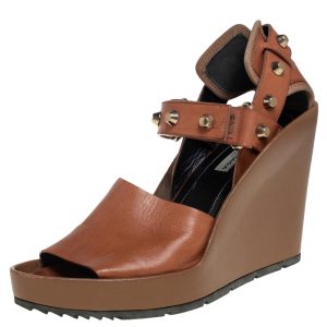 Balenciaga Brown Leather Wedge Ankle Strap Sandals Size 38.5, Sandals - Luxury Closet