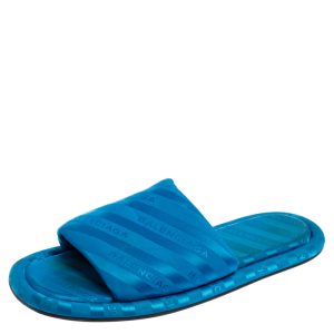 Balenciaga Blue Logo Fabric Hotel Flat Slides Size 40, Sandals - Luxury Closet