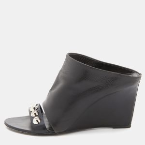 Balenciaga Black Leather Studded Arena Wedge Mules Size 38, Sandals - Luxury Closet