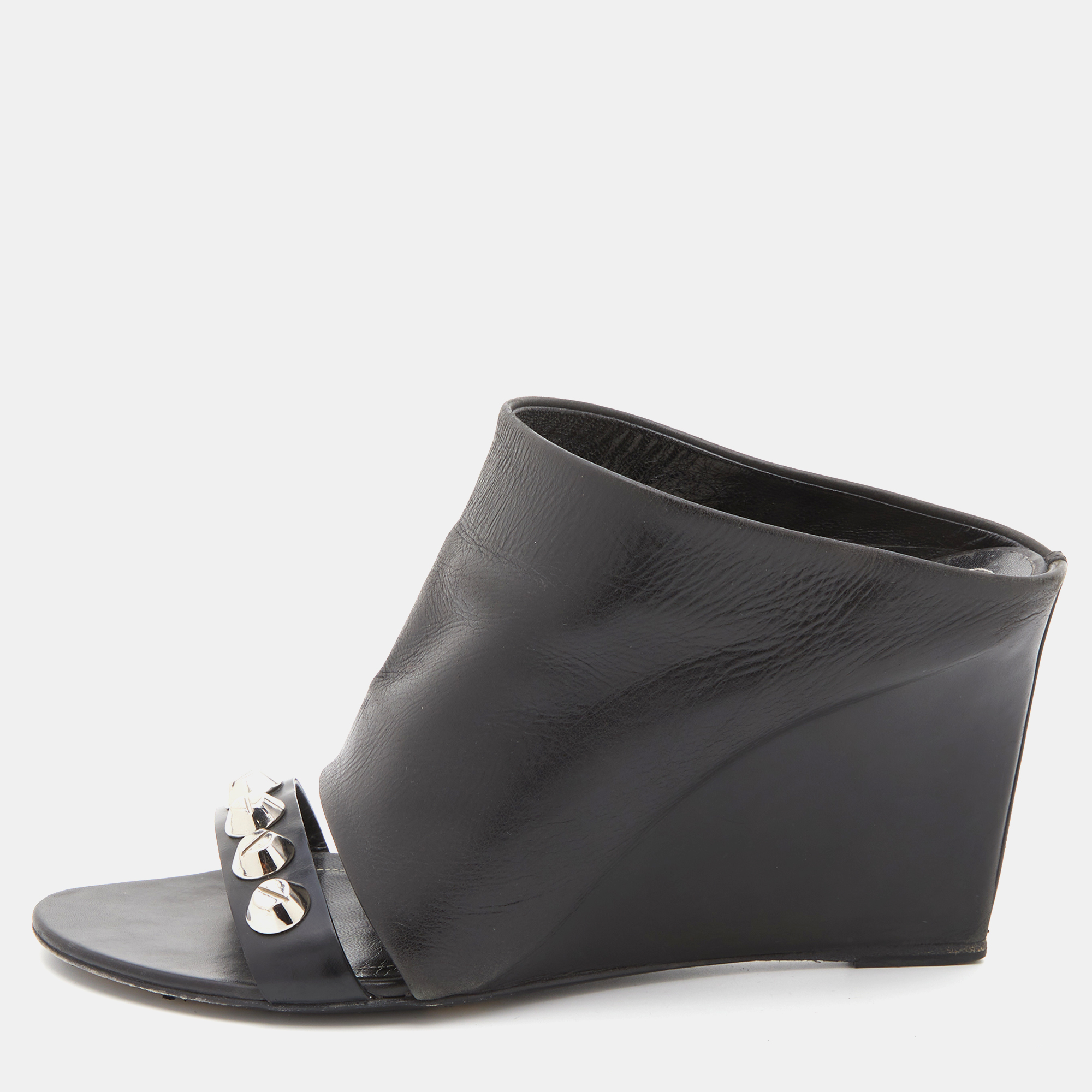 Balenciaga Black Leather Studded Arena Wedge Mules Size 38, Sandals - Luxury Closet