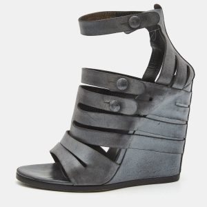 Balenciaga Grey Leather Wedge Ankle Strap Sandals Size 40, Sandals - Luxury Closet