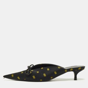 Balenciaga Black/Yellow BB Print Satin Bow Knife Mules Size 37, Sandals - Luxury Closet