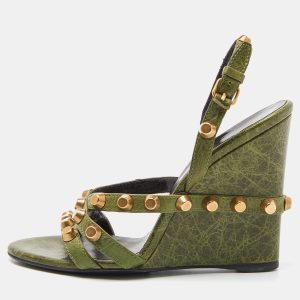 Balenciaga Green Leather Arena Studded Wedge Sandals Size 36.5, Sandals - Luxury Closet