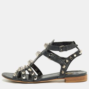 Balenciaga Dark Grey Leather Studded Ankle Strap Flat Sandals Size 39.5, Sandals - Luxury Closet