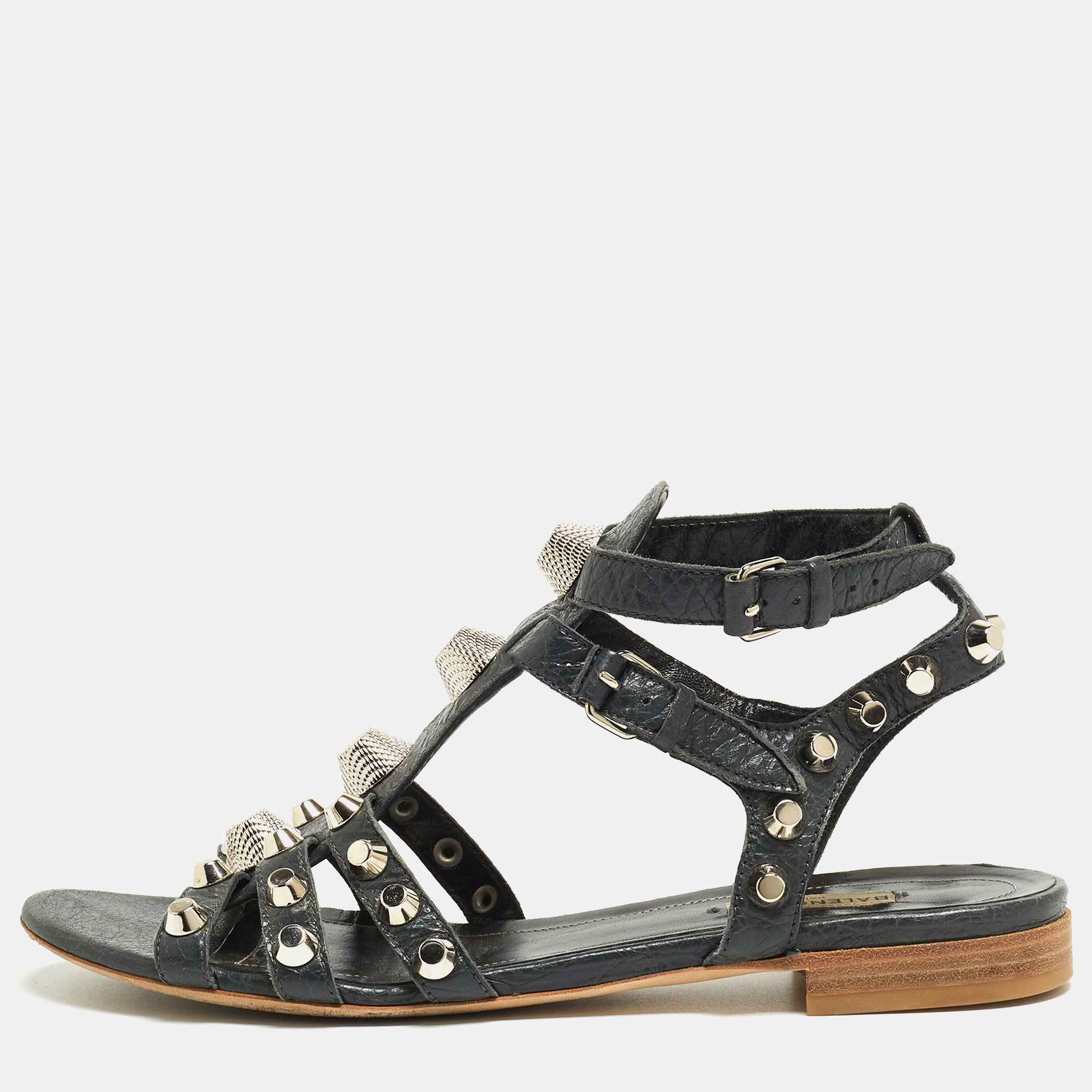 Balenciaga Dark Grey Leather Studded Ankle Strap Flat Sandals Size 39.5, Sandals - Luxury Closet