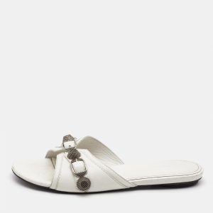 Balenciaga White  Leather Cagole Flat Slides Size 36, Sandals - Luxury Closet