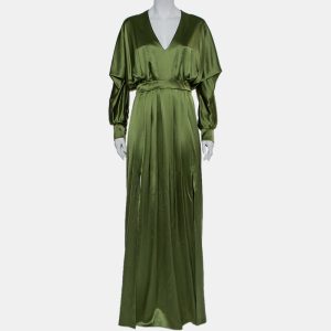 Balmain Green Silk Satin Pleated Front Slit Detail Maxi Dress S, Dresses - Luxury Closet
