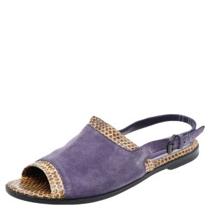 Bottega Veneta Purple/Beige Suede And Python Leather Slingback Flat Sandals Size 41, Sandals - Luxury Closet
