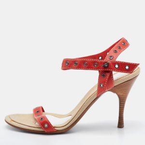 Bottega Veneta Red Eyelets Leather Ankle Strap Sandals Size 35.5, Sandals - Luxury Closet