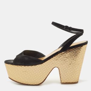 Bottega Veneta Black Suede Platform Wedge Ankle Strap Sandals Size 39.5, Sandals - Luxury Closet