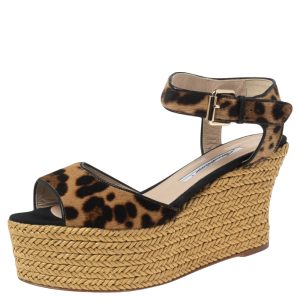 Brian Atwood Beige/Black Pony Hair Espadrille Wedge Sandals Size 39, Sandals - Luxury Closet