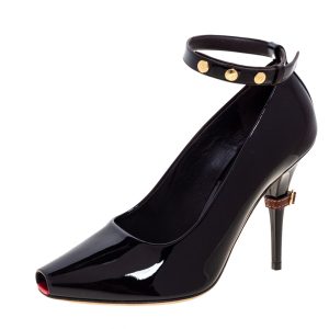 Burberry Dark Brown Patent Leather Jermyn Peep Toe Ankle Cuff Pumps Size 38.5, Pumps - Luxury Closet catalog