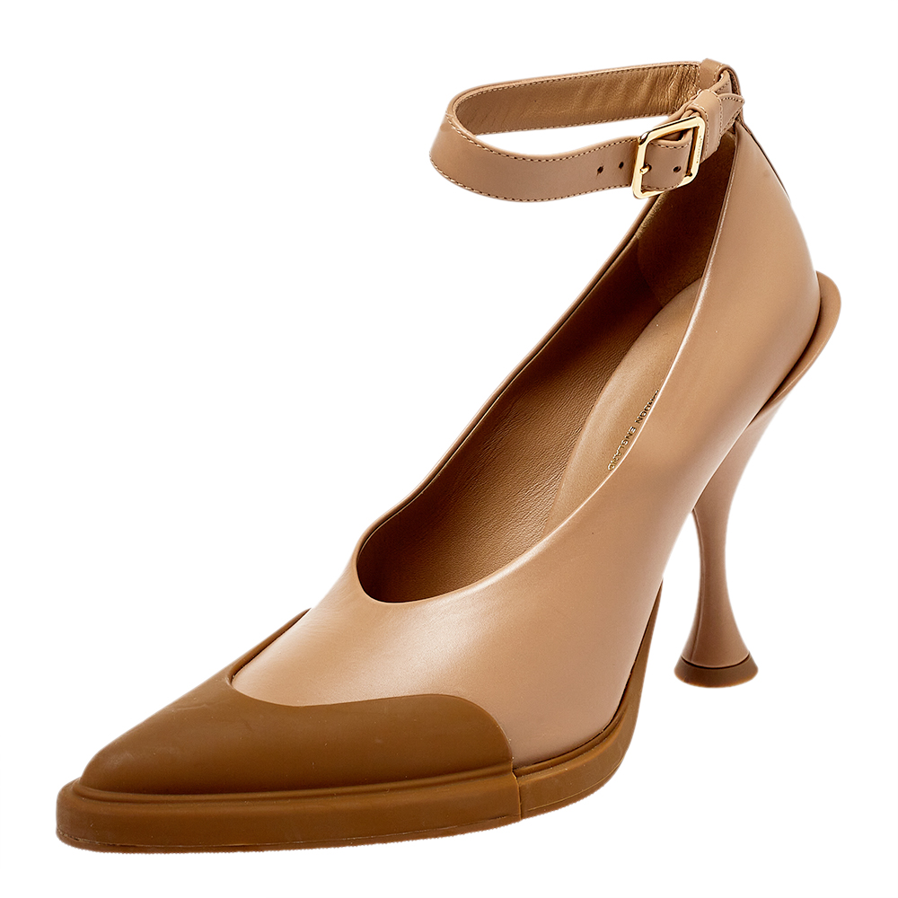 Burberry Brown Leather And Rubber Evan Ankle Strap Pumps Size 38.5, Pumps - Luxury Closet