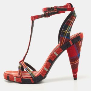 Burberry Red Checkered Canvas Hans T Strap Sandals Size 38.5, Sandals - Luxury Closet