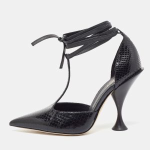 Burberry Black Snakeskin Leather Welton T Strap Ankle Wrap Pumps Size 37.5, Pumps - Luxury Closet catalog
