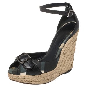 Burberry Black Leather and Novacheck Canvas Buckle Detail Peep Toe Espadrille Wedge Sandals Size 36, Sandals - Luxury Closet