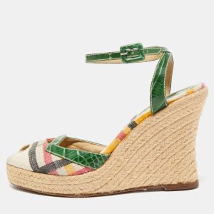 Burberry Multicolor Canvas and Croc Embossed Leather Wedge Sandals Size 40, Sandals - Luxury Closet