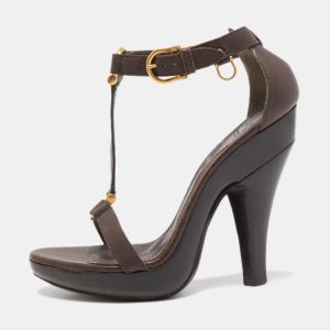 Burberry Brown Leather T Ankle Strap Platform Sandals Size 38, Sandals - Luxury Closet