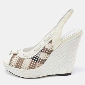 Burberry Cream Patent and Canvas Peep Toe Espadrilles Sandals Size 40, Sandals - Luxury Closet